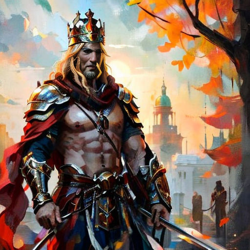 a man in a costume holding a sword and a sword in his hand with a city in the background