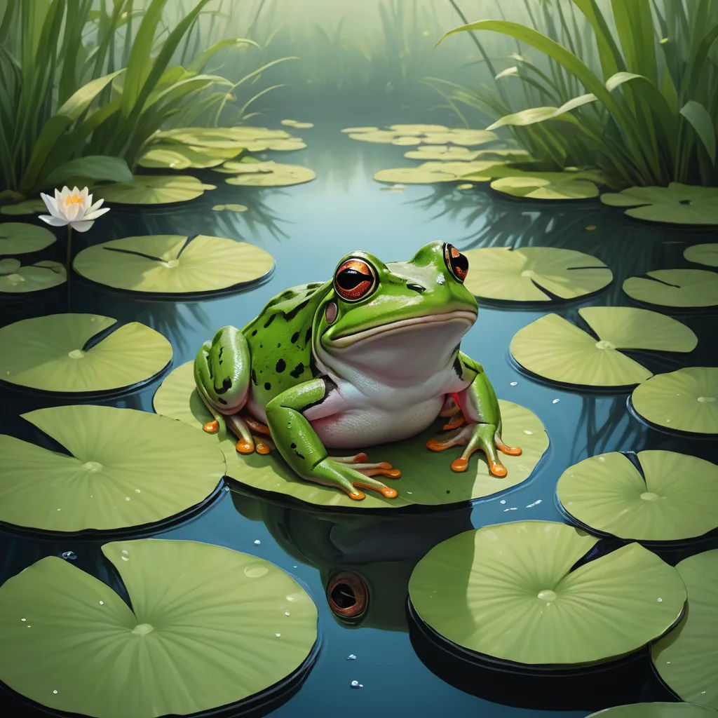 a frog sitting on a lily pad in a pond with lily pads around it and a lily pad in the foreground, fantasy art, a digital painting, Andries Stock, highly detailed digital painting
