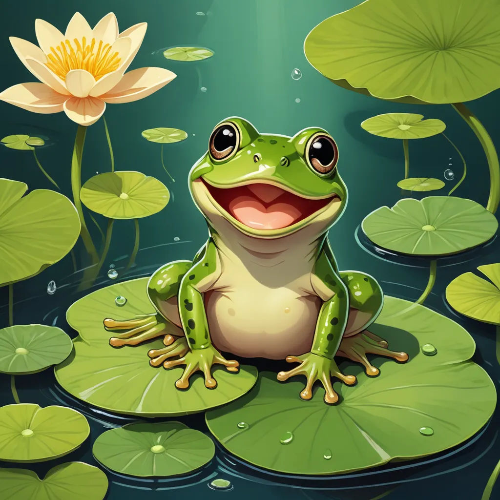 a frog sitting on a lily pad in the water with a flower in the background illustration of a frog sitting on a lily pad in the water, fantasy art, a detailed drawing, Andries Stock, highly detailed digital painting