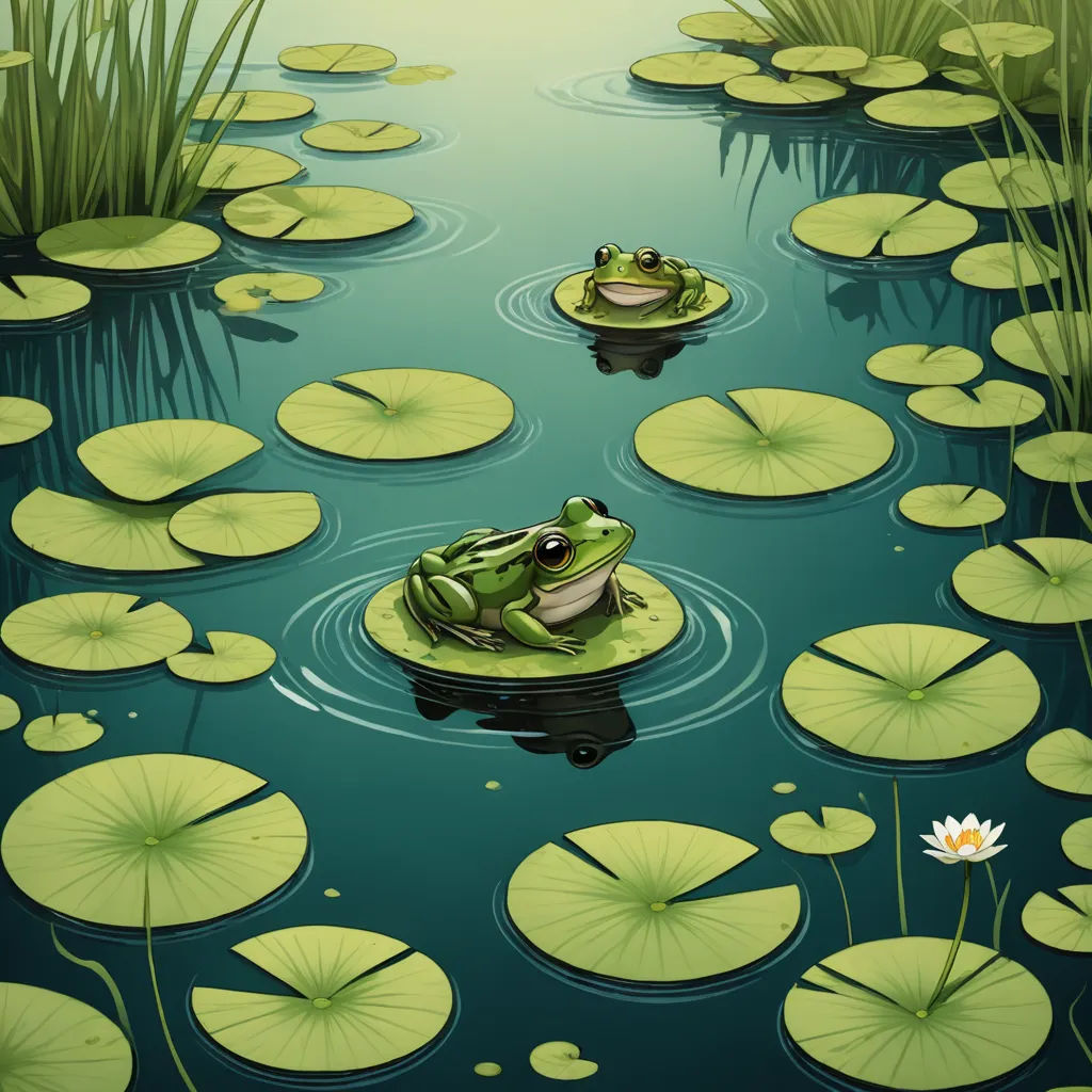 a frog sitting on a lily pad in a pond with lily pads and lily pads around it, with a green background, fantasy art, a storybook illustration, Chris LaBrooy, storybook illustration