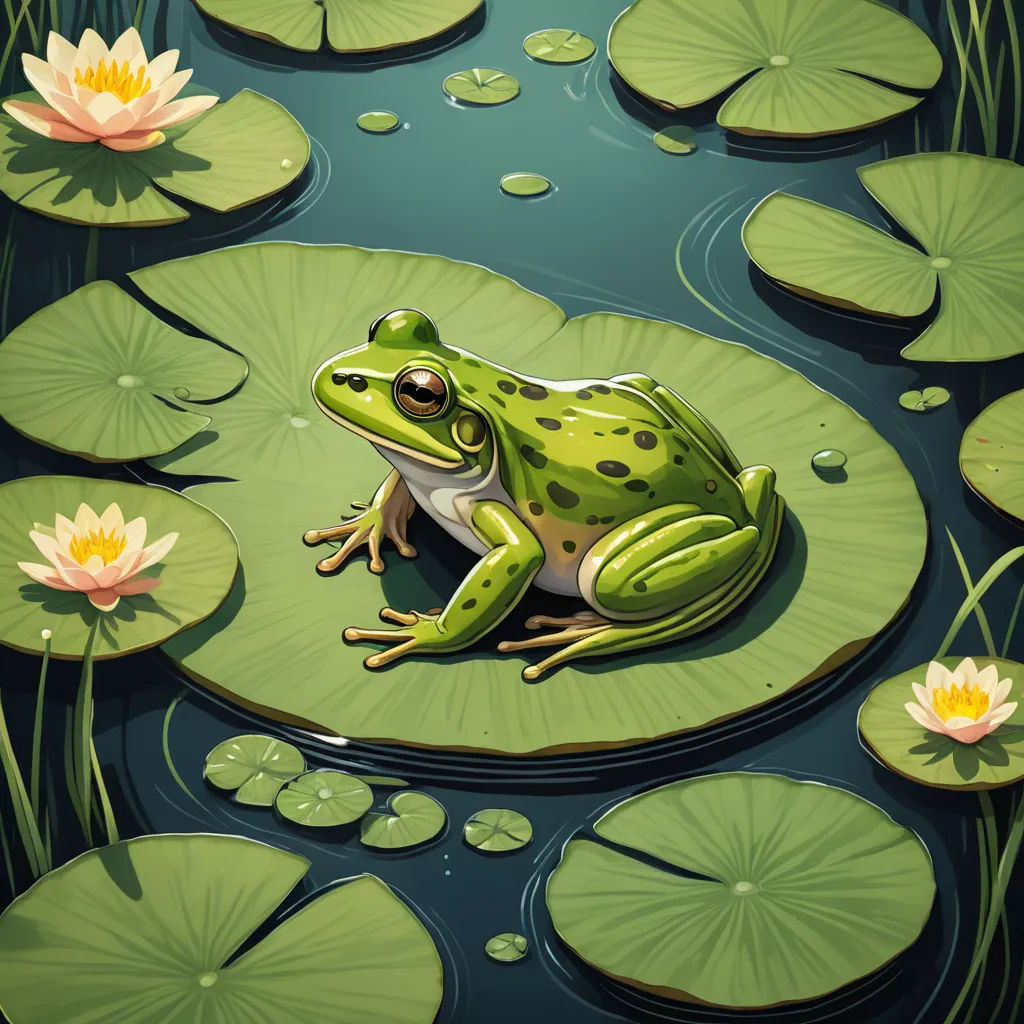 a frog sitting on a lily pad in a pond with lily pads around it and lily pads around it, fantasy art, a storybook illustration, Andries Stock, highly detailed digital painting
