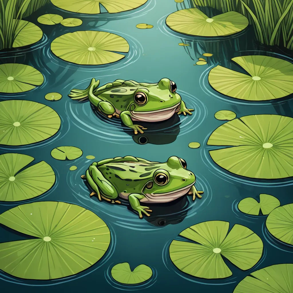 two frogs are sitting in the water surrounded by lily pads and lily pads on the water surface, with lily pads on the water surface, fantasy art, a storybook illustration, Andries Stock, highly detailed digital painting