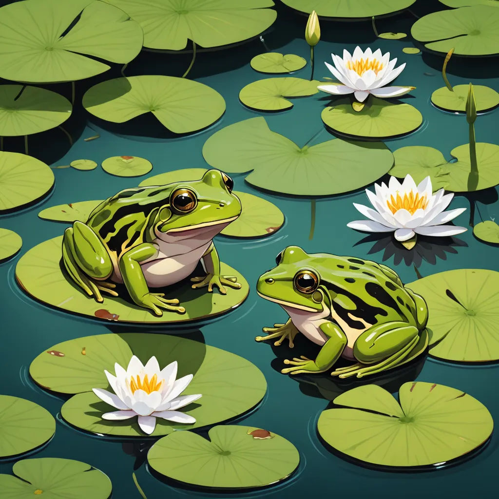 a frog sitting on a lily pad in a pond with lily pads and water lilies around it, with a yellow flower in the center, cloisonnism, a detailed painting, David Martin, highly detailed digital painting