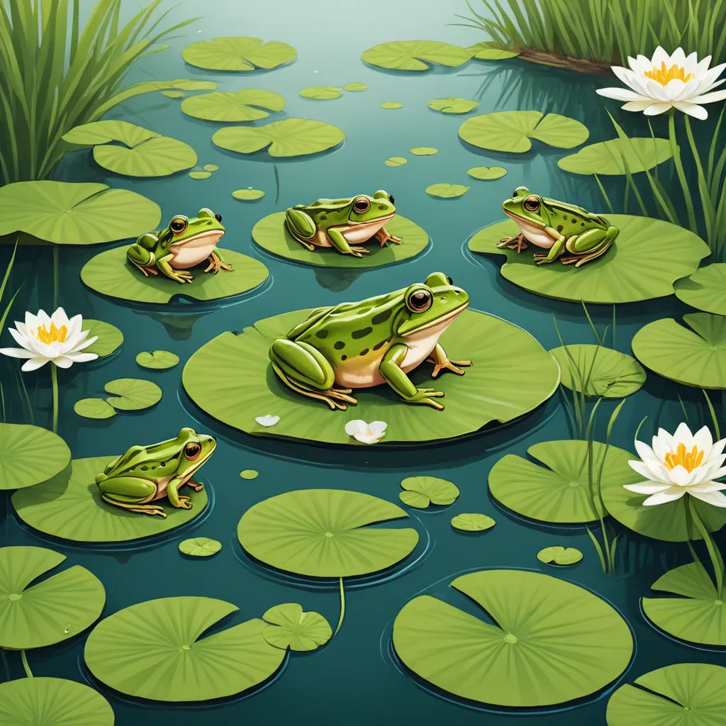 a frog and two frogs sitting on lily pads in a pond with lily pads and water lilies in the foreground, ecological art, a storybook illustration, Andries Stock, highly detailed digital painting