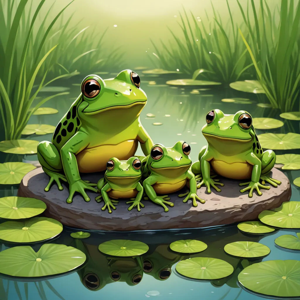 a group of frogs sitting on a rock in a pond of water with lily pads around them and a sun shining in the background, fantasy art, a storybook illustration, Andries Stock, highly detailed digital painting
