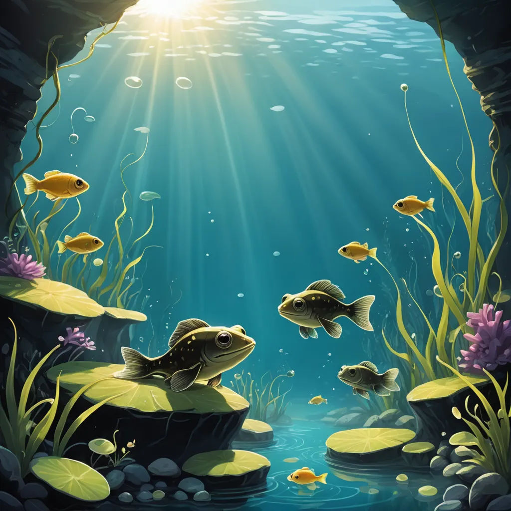 a painting of a fish swimming in a cave with a sunbeam and water surrounding it and a few fish swimming in the water, fantasy art, a storybook illustration, Cyril Rolando, highly detailed digital painting