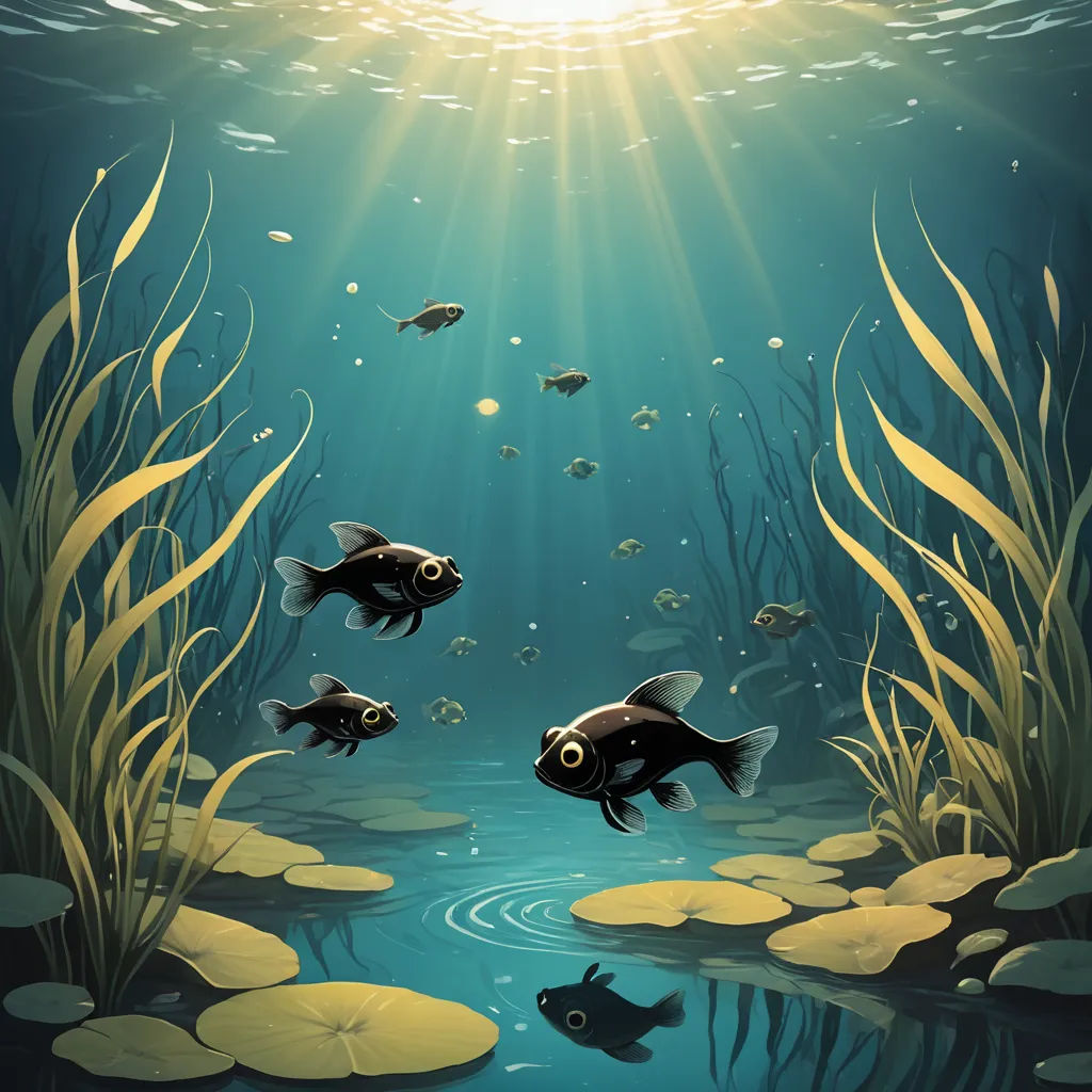 a painting of a fish swimming in a pond with algaes and plants around it, with sunlight shining through the water, fantasy art, a storybook illustration, Cyril Rolando, lostfish