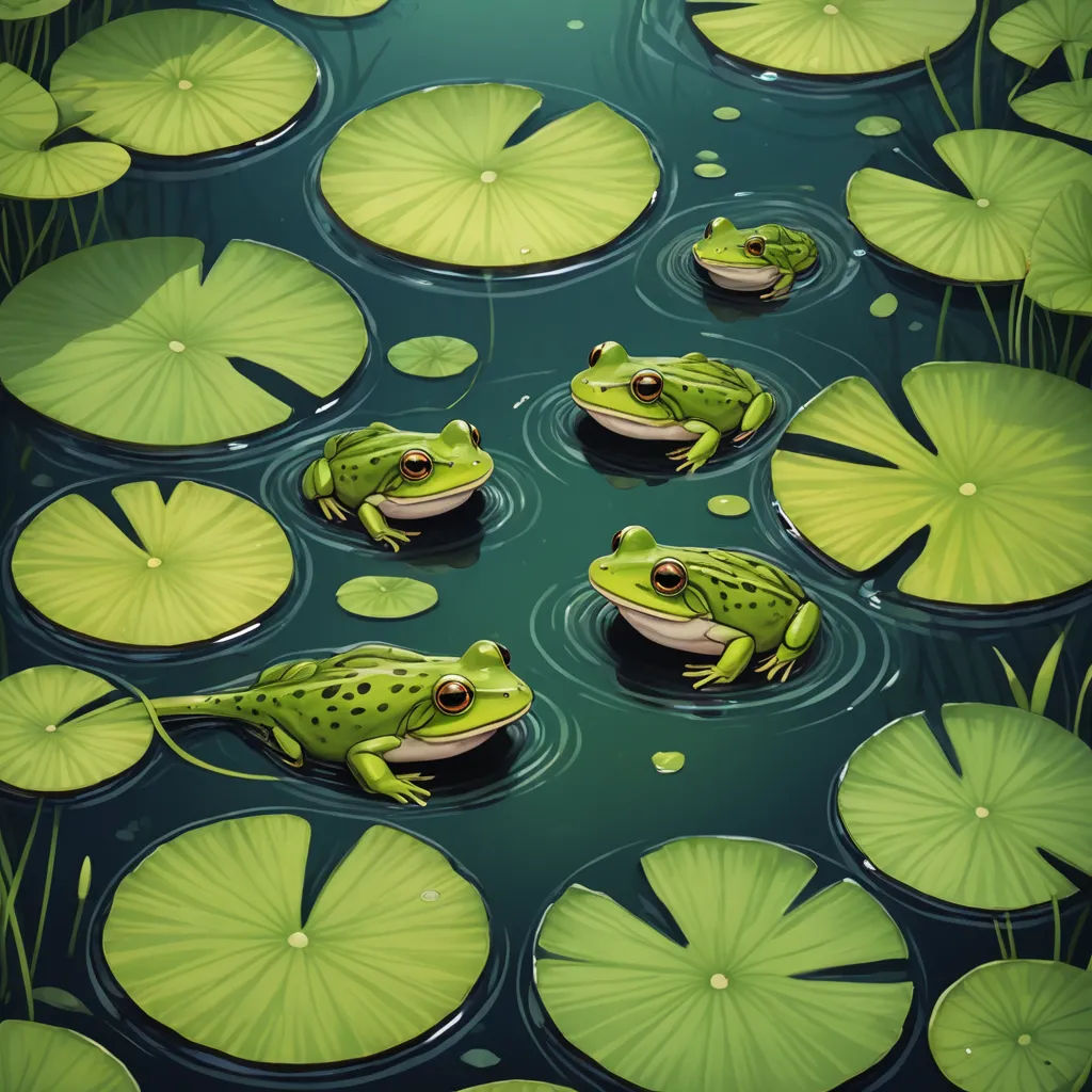 a frog sitting on top of a lily pad in a pond of water lilies and lily pads surrounding it, fantasy art, a digital painting, David Martin, highly detailed digital painting