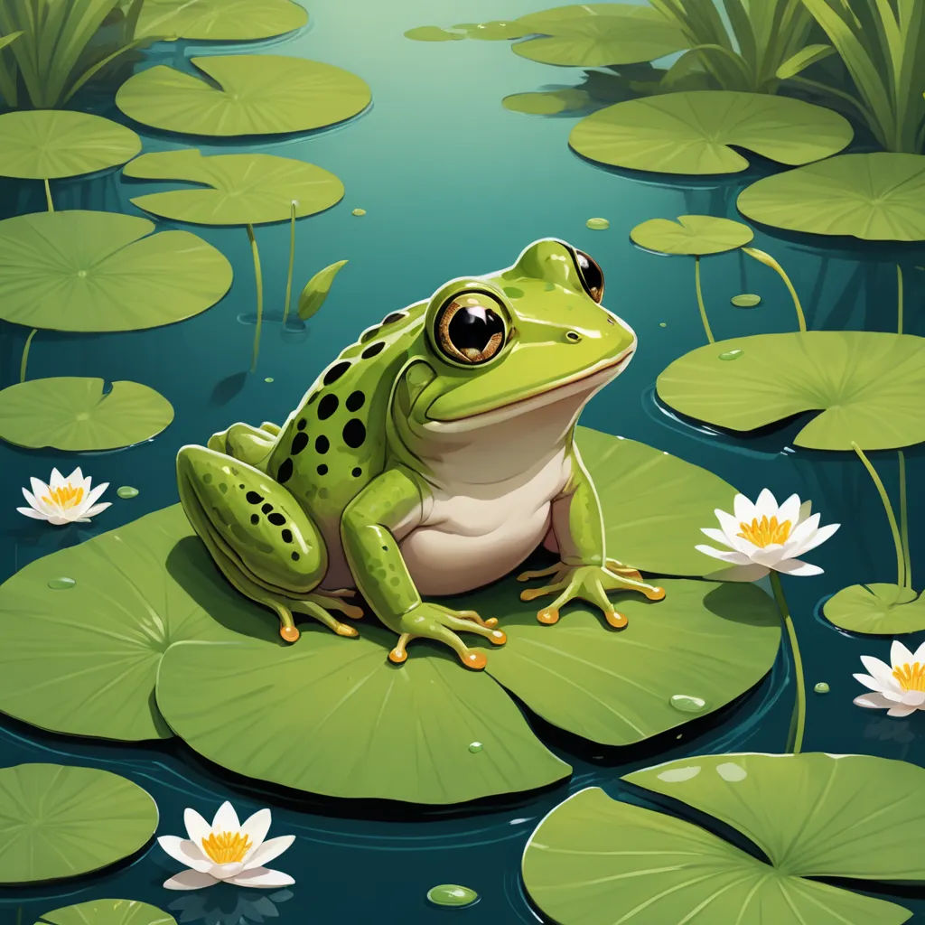 a frog sitting on a lily pad in a pond with lily pads around it and lily pads around it, fantasy art, a storybook illustration, Andries Stock, highly detailed digital painting