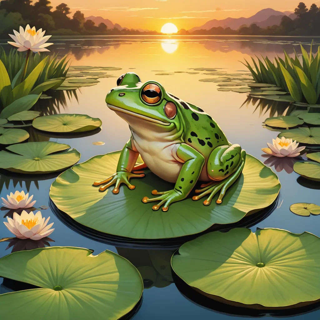 a frog sitting on a lily pad in a pond at sunset with lily pads around it and a setting sun in the background, cloisonnism, a storybook illustration, Andries Stock, highly detailed digital painting
