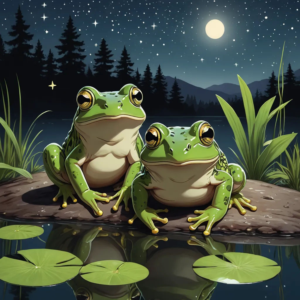 two frogs sitting on a rock in the water at night time with the moon in the sky above them, fantasy art, a storybook illustration, Andries Both, highly detailed digital painting