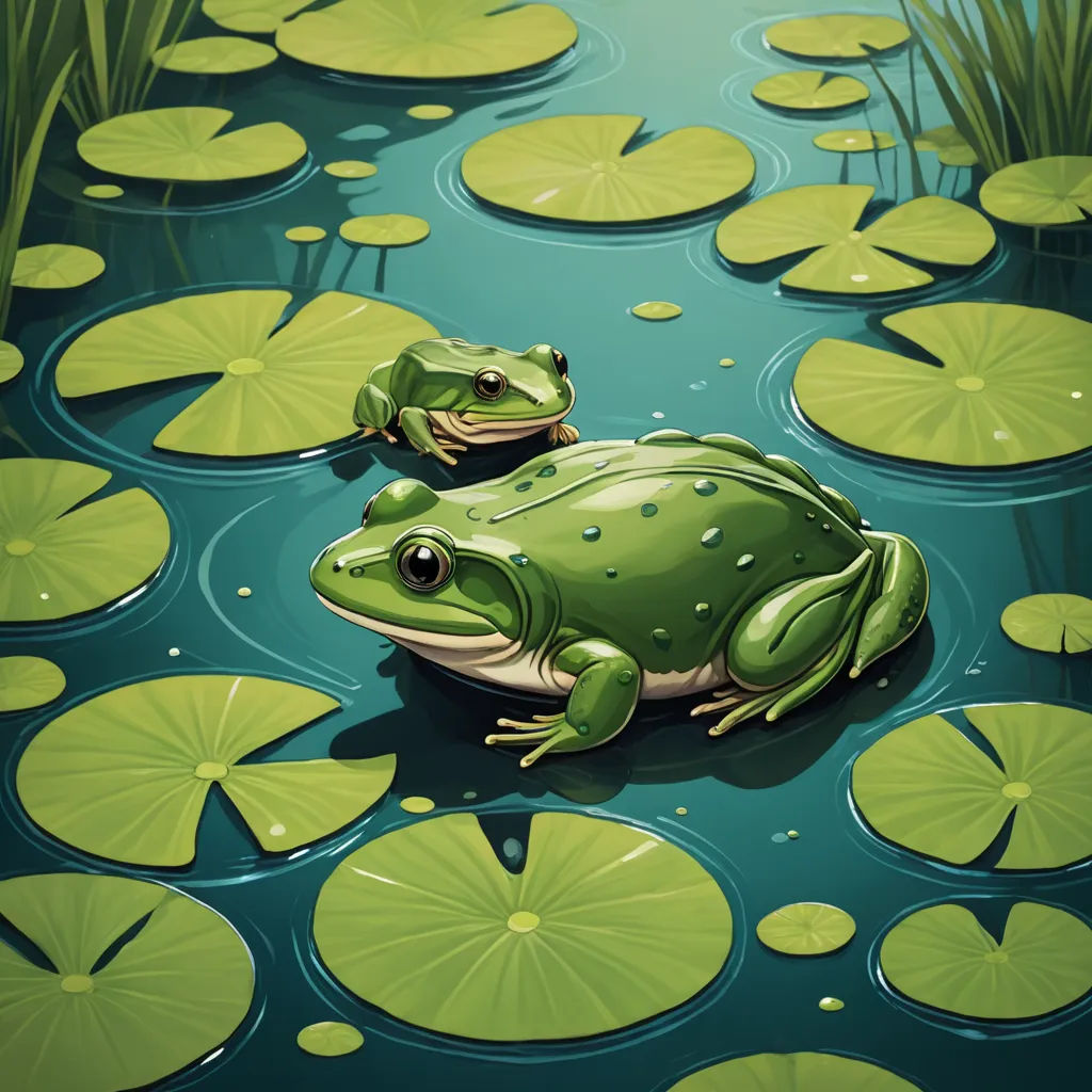a frog and a frog sitting on a lily pad in a pond with lily pads and lily pads surrounding it, fantasy art, a storybook illustration, Andries Both, highly detailed digital painting