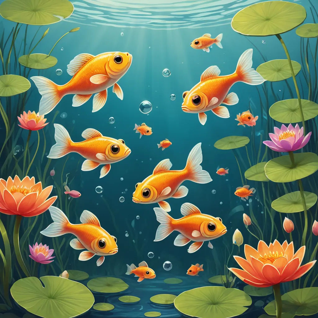 a group of gold fish swimming in a pond with lily pads and water lilies illustration by cristoer, fantasy art, a storybook illustration, David Martin, highly detailed digital painting