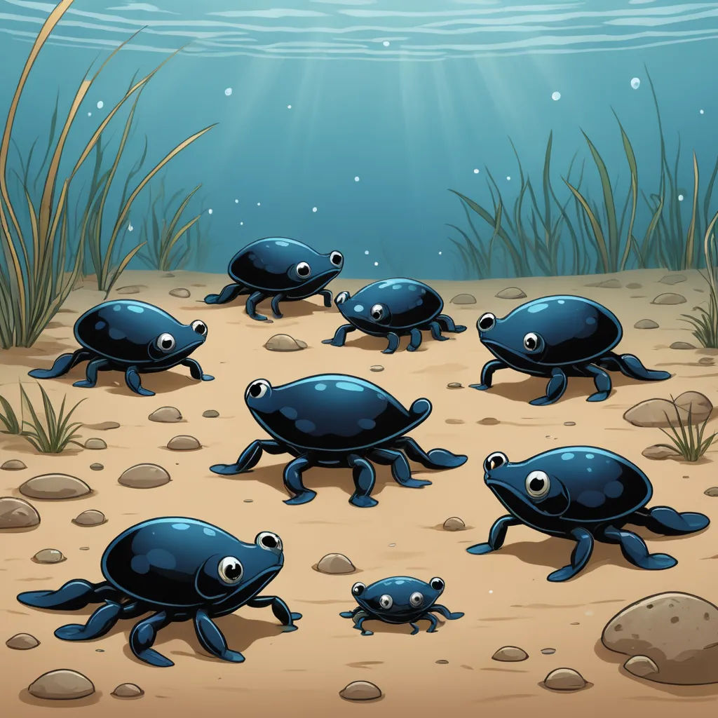 a group of blue crabs under the seaweed on a sandy shore line with a sunbeam in the background, incoherents, an illustration of, Andries Stock, bioluminescence