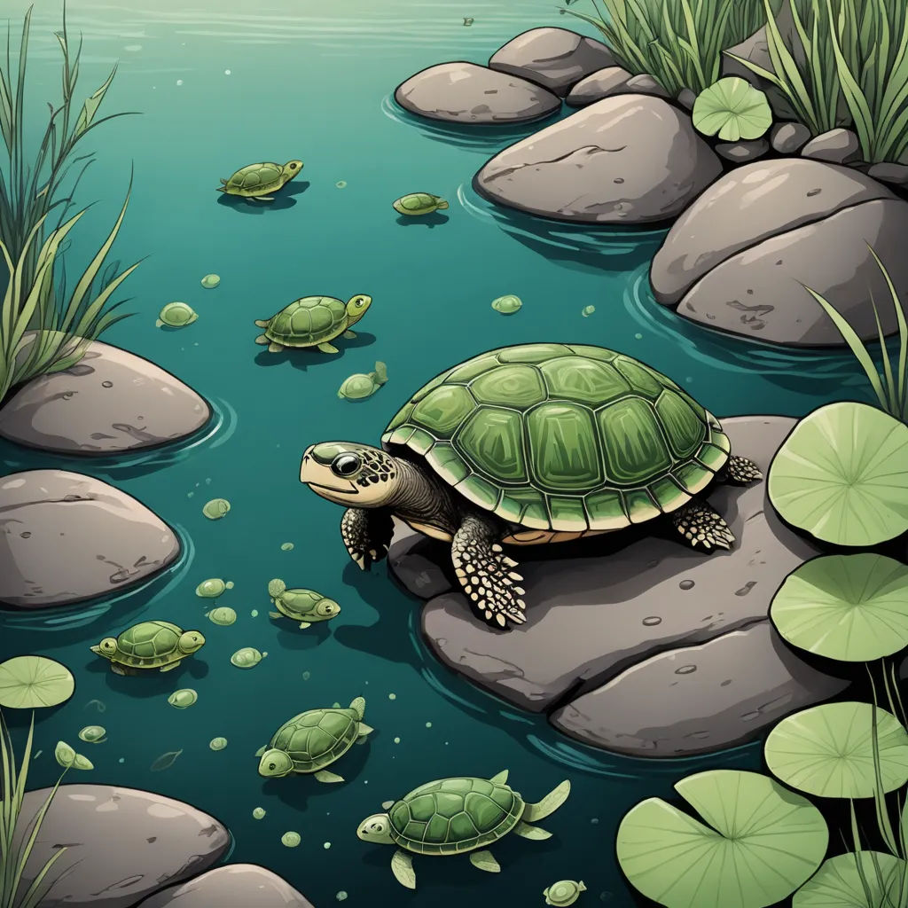 a turtle and two turtles swimming in a pond of water with lily pads and rocks on the shore of a lake, fantasy art, an illustration of, Dan Mumford, storybook illustration