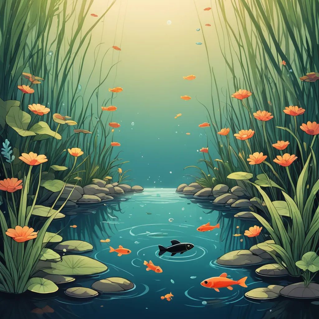 a painting of a pond with fish and plants in it and a sun shining over the water and grass, fantasy art, a storybook illustration, Cyril Rolando, tranquil