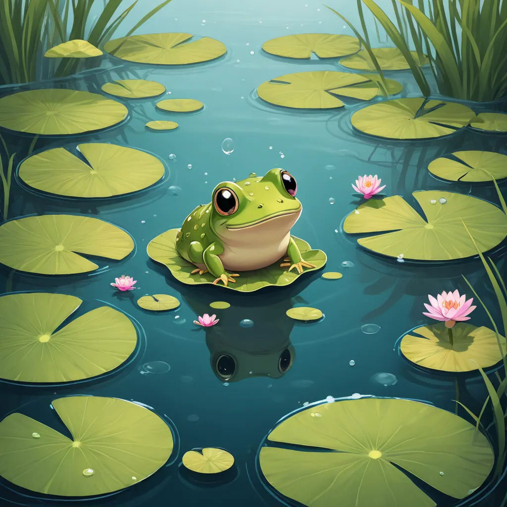 a frog sitting on a lily pad in a pond with lily pads around it and a lily pad in the water, fantasy art, a storybook illustration, Andries Stock, highly detailed digital painting