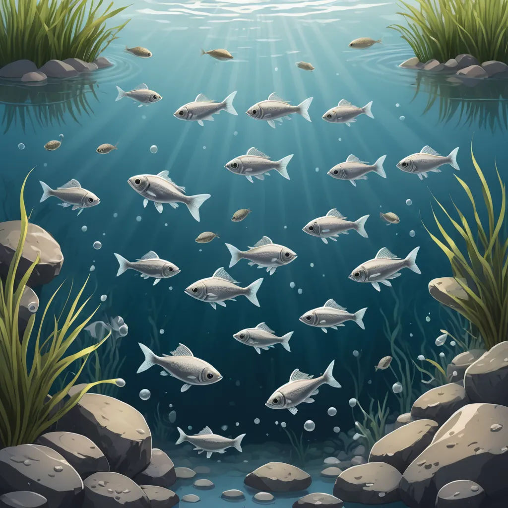 a group of fish swimming in a lake surrounded by rocks and grass and rocks under water with sunlight shining through the water, environmental art, a storybook illustration, Andries Stock, lostfish