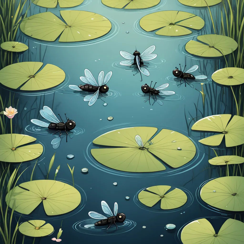 a pond with water lilies and dragonflies in it and lily pads floating on the water and lily pads on the water, fantasy art, a storybook illustration, Dirk Crabeth, storybook illustration