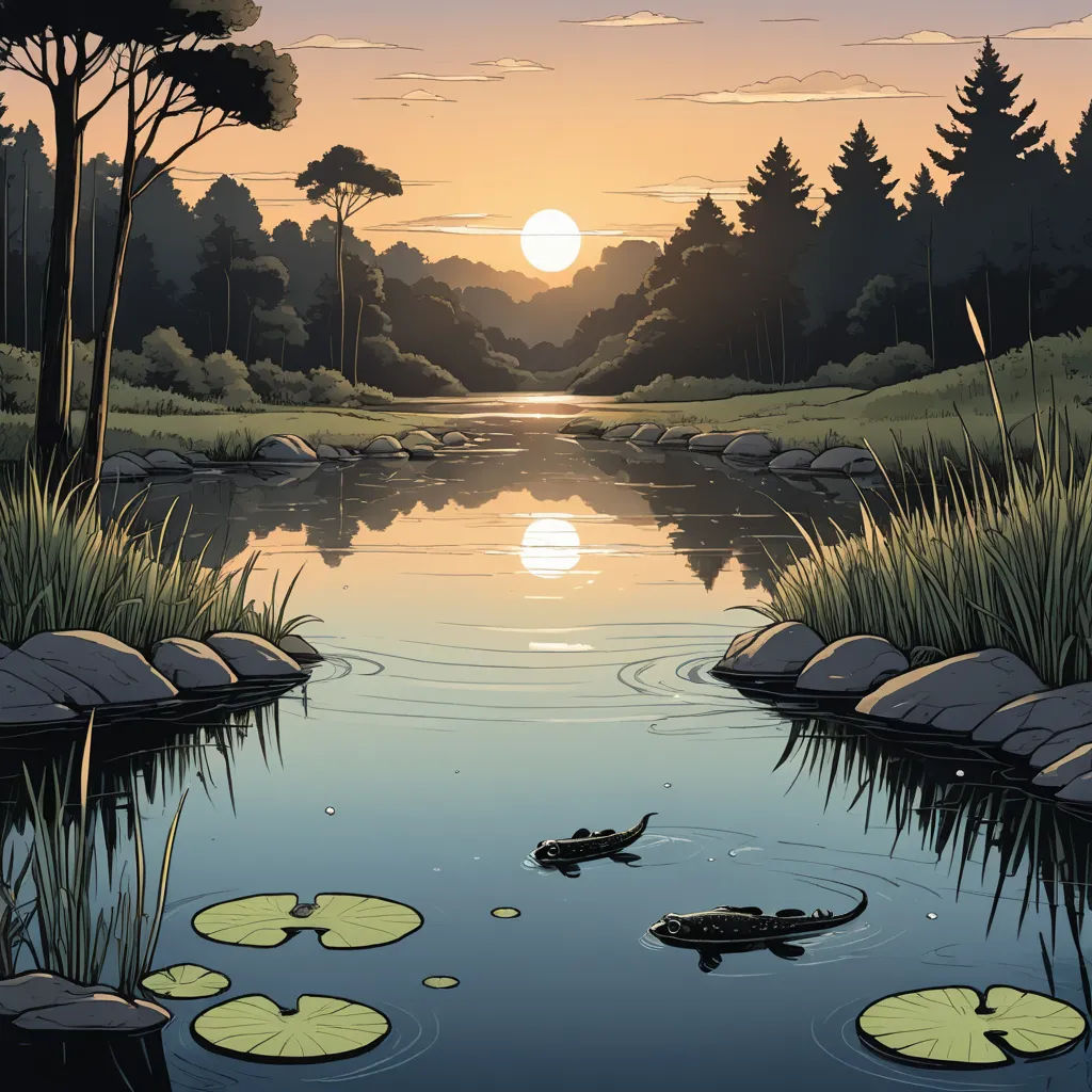 a painting of a pond with lily pads and a sunset in the background with a bird flying over the water, environmental art, a comic book panel, Dan Mumford, comic cover art