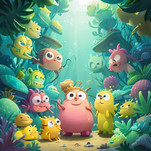 a group of cartoon characters standing in a forest with plants and fish around them, with a bright light shining on the ground