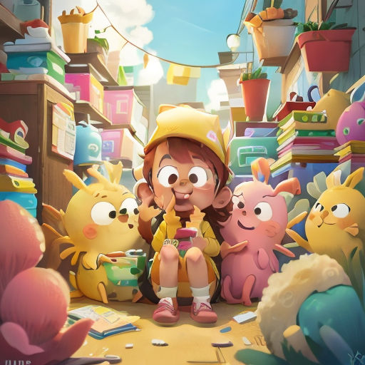 a cartoon character surrounded by many toys and toys in a room with a sky background and a string of lights