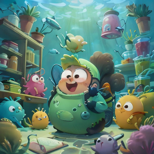 a cartoon character surrounded by other cartoon characters in a room with a lot of plants and other items on the floor