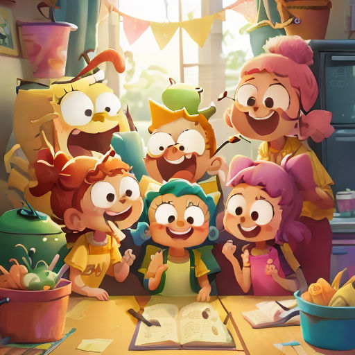 a group of cartoon characters standing around a table with a book and a bowl of food on it,