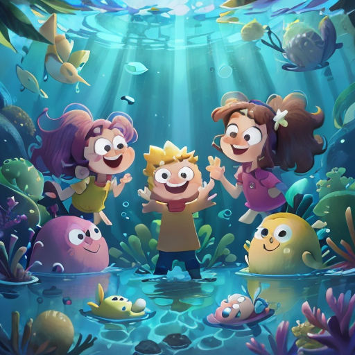 a group of cartoon characters standing in the water under a blue sky with fish and bubbles around them,