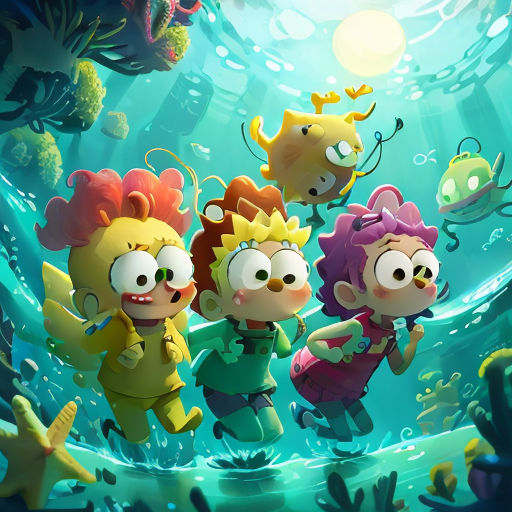 a group of cartoon characters swimming in a sea with fish and corals in the background, with a sun shining through the water