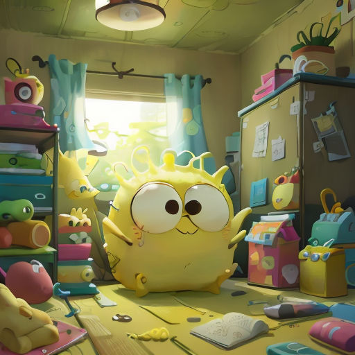 a cartoon character is in a messy room with toys and a computer mouse on the floor and a window