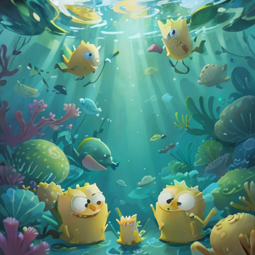a cartoon scene of a group of fish swimming in the ocean with a man in the middle of the scene