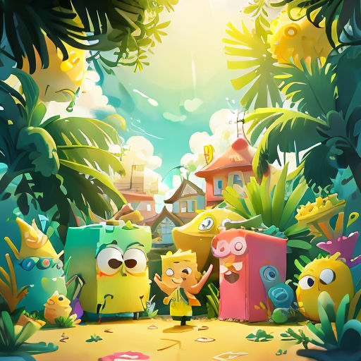 a cartoon scene of a family in the jungle with a house in the background and a cartoon character in the foreground