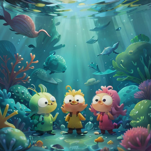 a cartoon scene of three people standing in the water with fish and corals around them, with a fish in the background