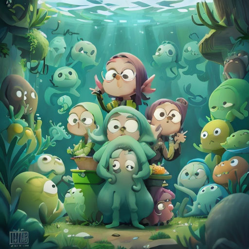 a group of cartoon characters standing in front of a group of fish in a sea with a man in the middle