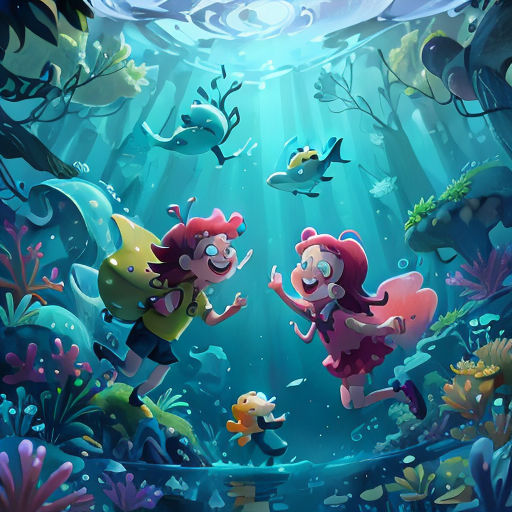 two cartoon characters are swimming in the ocean with fish and plants around them, and a man is swimming in the water