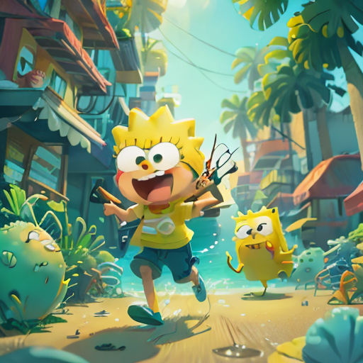 a cartoon character running through a tropical area with other characters in the background and a building in the background