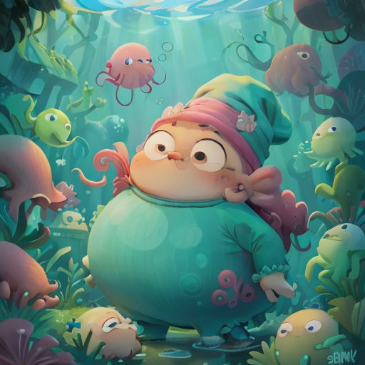 a cartoon character is hiding in a sea of fish and other sea creatures, with a blue background and a light blue sky