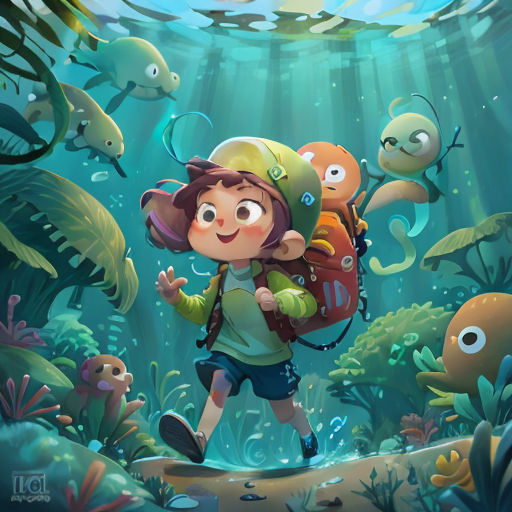 a boy with a backpack is walking through the underwater with fish and plants on the bottom of the water