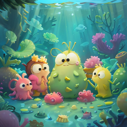 a group of cartoon characters standing in a underwater scene with corals and algaes on the bottom of the water