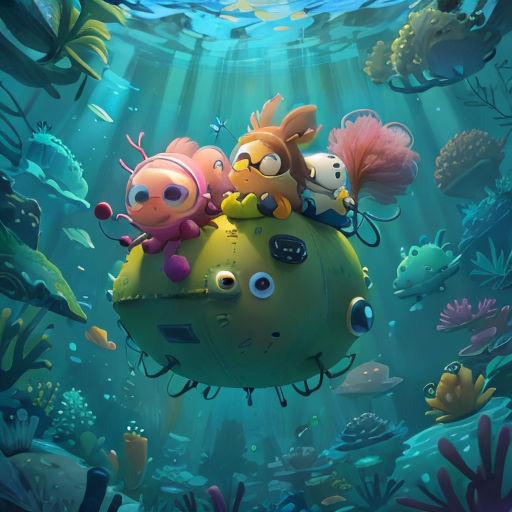 a cartoon fish with two little fish on it's back in the ocean with other fish around it