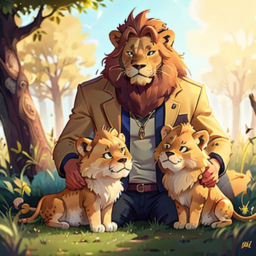 a man with two lions in a forest with trees and grass, and a sky background with clouds and trees