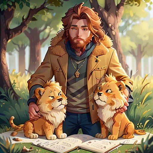 a man with a beard and two lions sitting on a book in the woods, with trees and grass