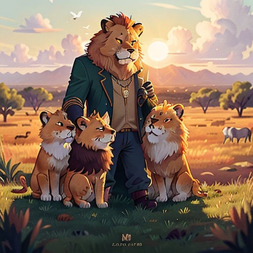 a man standing next to two dogs in a field with mountains in the background and a sunset in the background