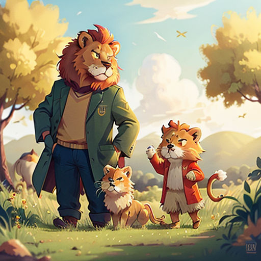a man and two animals are standing in the grass near trees and bushes, with a sky background, and a few clouds