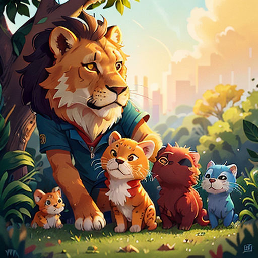 a lion and his cubs in the jungle by a tree with a city in the background and a sunset