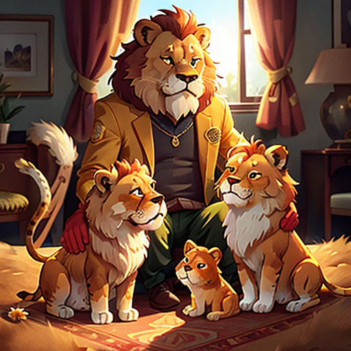 a man sitting on a bed with two lions and two cubs in front of him and a cat sitting on the floor