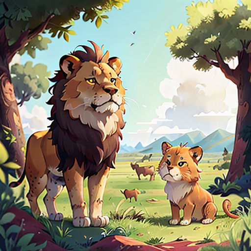 a lion and a lion cub standing in the grass near trees and bushes, with a mountain in the background