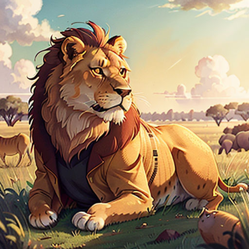 a lion sitting in the grass with other animals in the background and clouds in the sky above it,