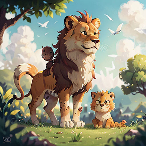 a lion and two cubs in a forest with trees and birds in the background, with a bird flying overhead